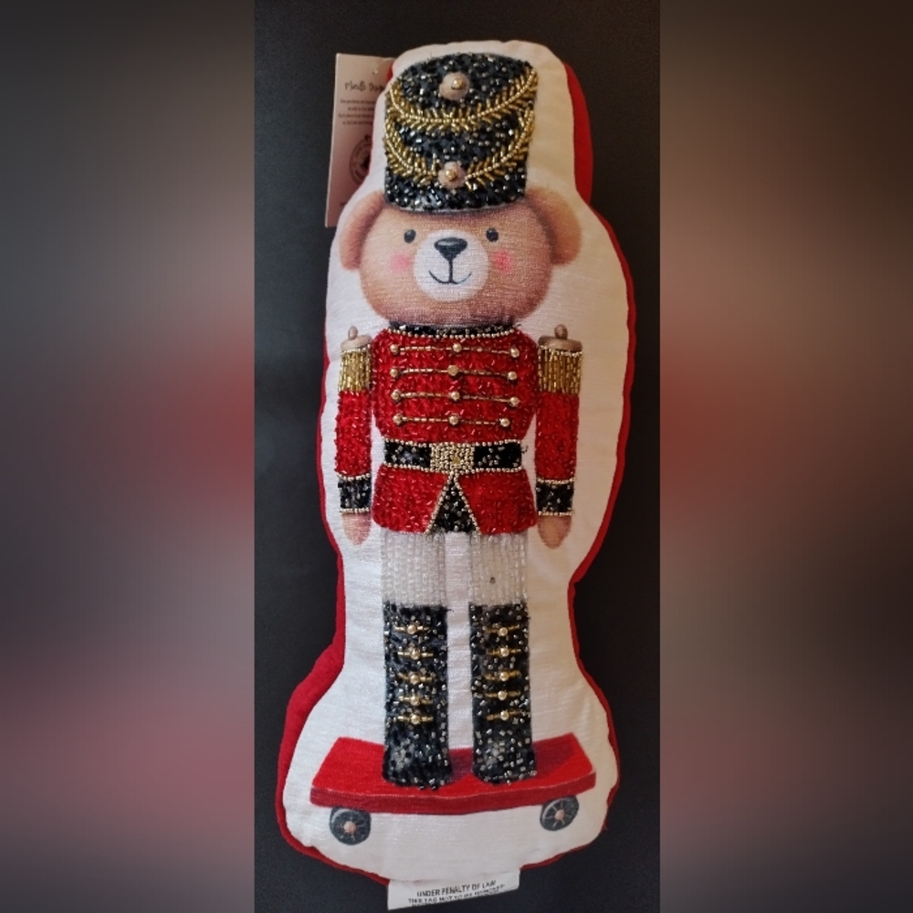 Christmas Decorative Pillow by Mireille Designs Soldier Nutcracker Bear Beaded